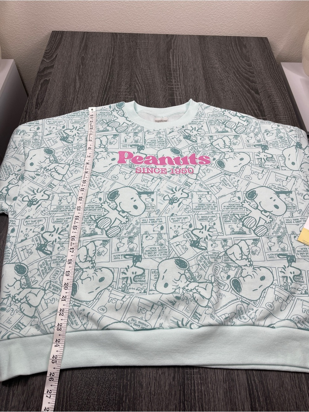 Peanuts Newspaper Print Double Sided Mint Green Sweatshirt Women’s Size XL NWT - Picture 4 of 6